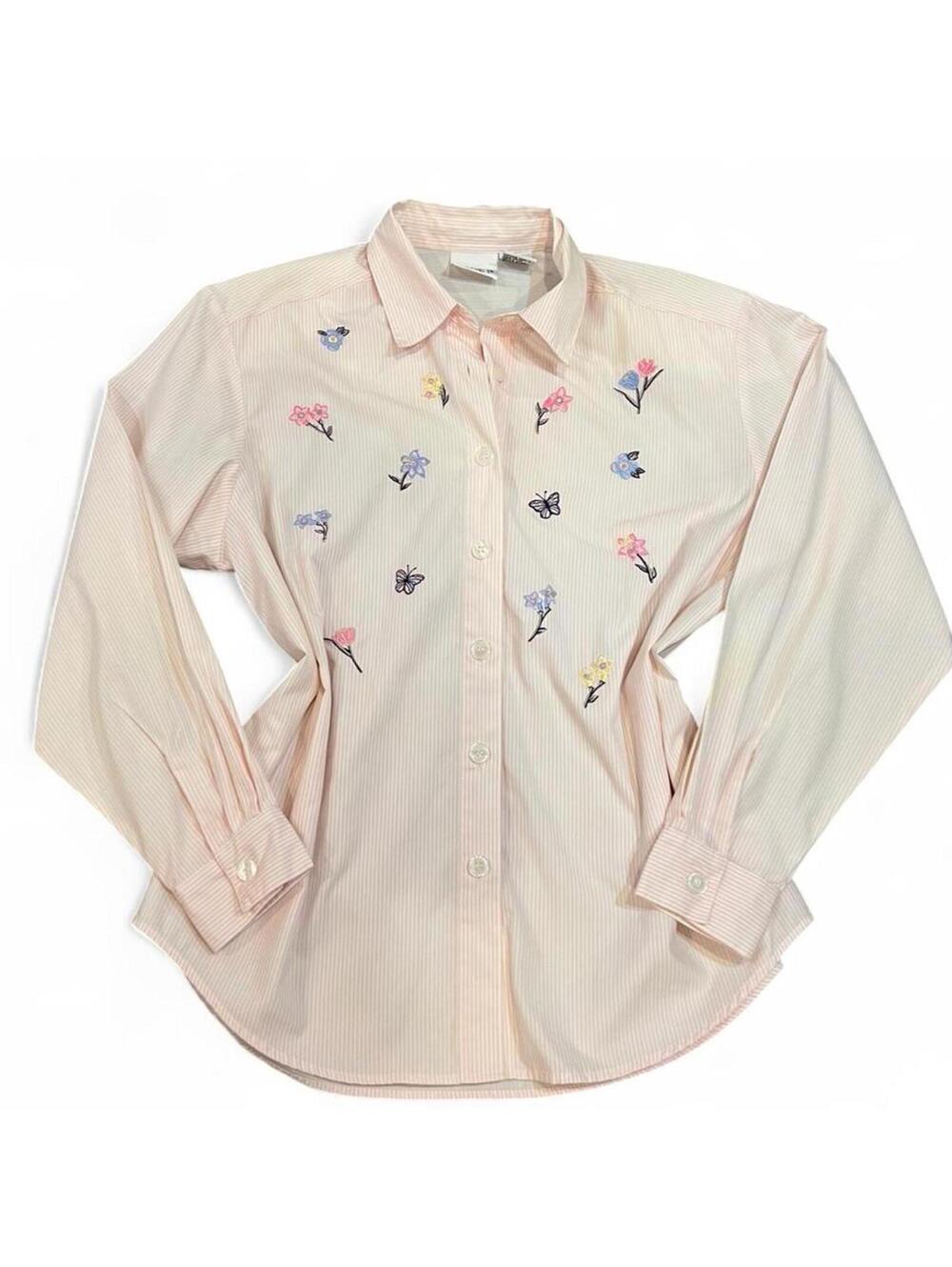 Vintage Y2K Pink Pinstripe Embroidered Floral Button Up